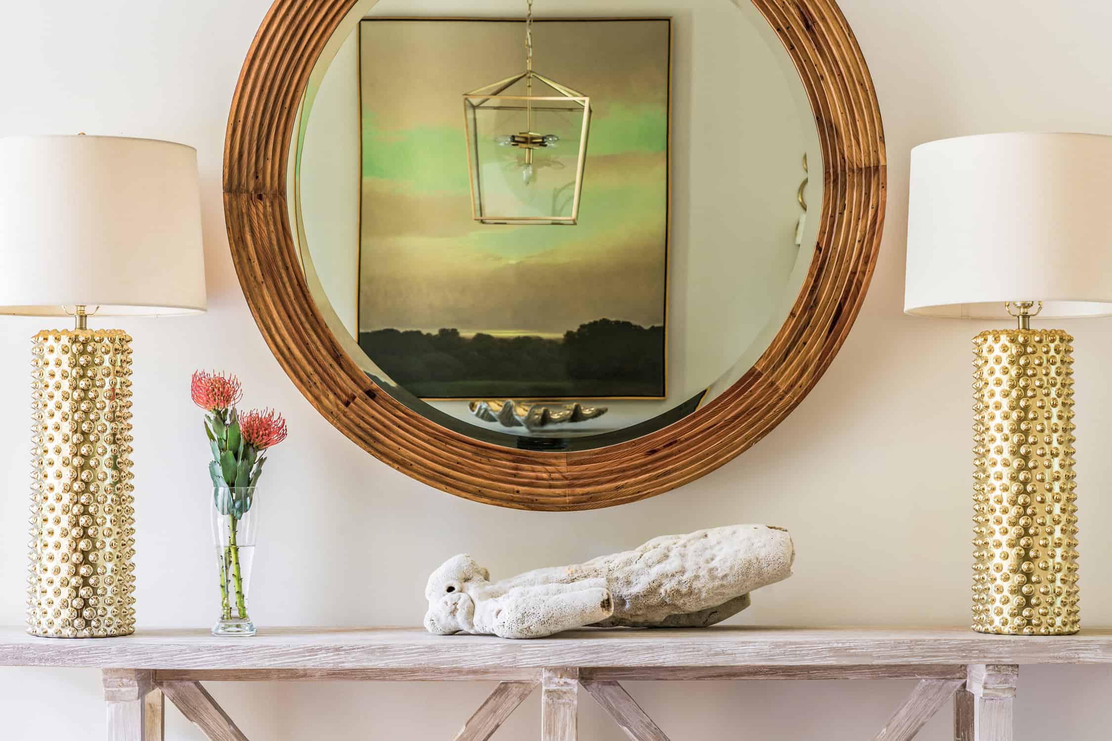 A mirror with a wood border