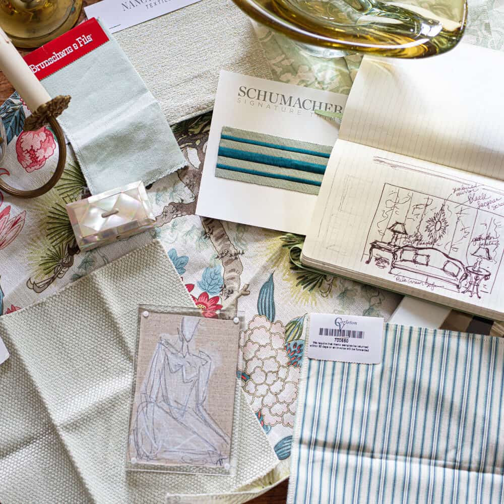 Components of a design scheme with fabrics drawing and decor
