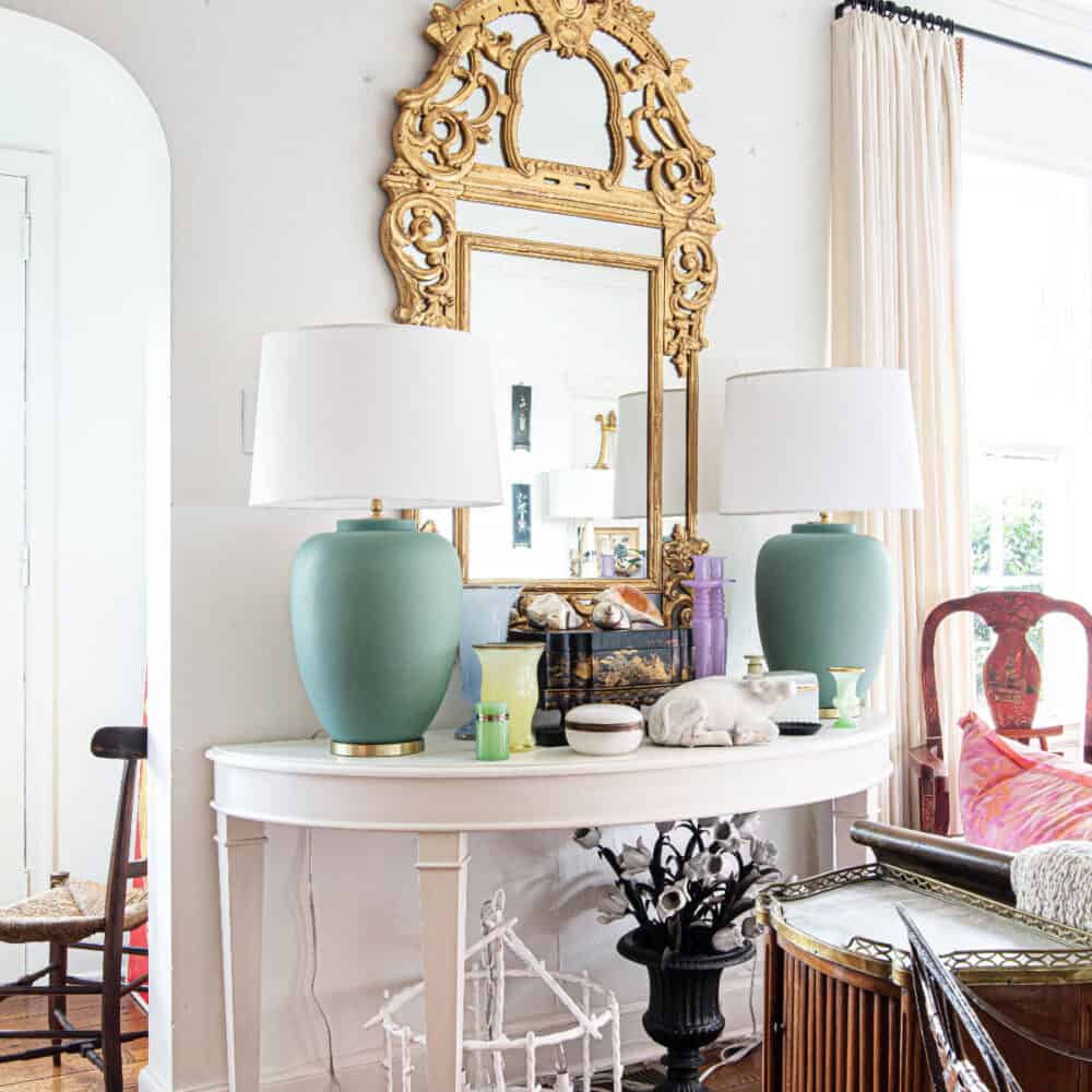 Gilt mirror large green lamps opaline glass on white demilune console table